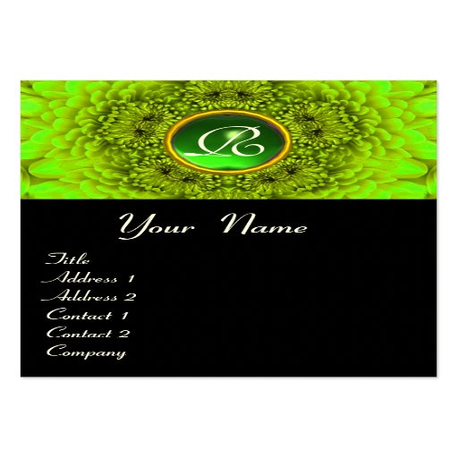 GREEN DAHLIA  MONOGRAM, EMERALD  black yellow Business Card Template
