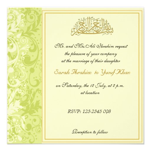 Green Damask Brocade Muslim wedding Custom Invitation