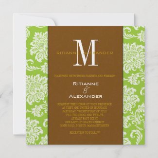 Green Damask Brown Monogram Wedding Invitation invitation