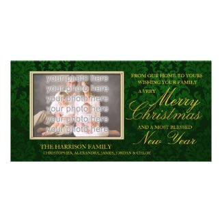 Green Damask Christmas Photo Greeting Card