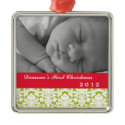 Green damask classic red band baby's first holiday ornament