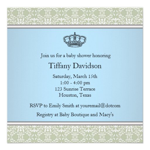 Green Damask Crown Little Prince Boy Baby Shower Custom Announcement