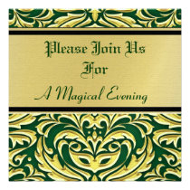 Green Damask Gold Metal Holiday Invitations