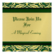 Green Damask Gold Metal Holiday Invitations