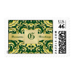 Green Damask Gold Metal Postage Stamp