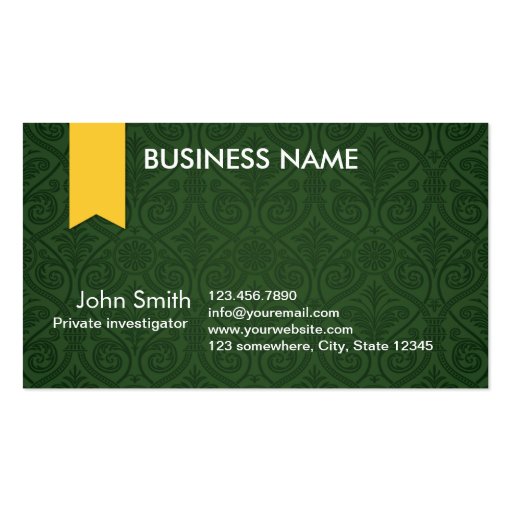 Green Damask Investigator Business Card (front side)