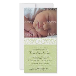 Green Damask Monogram Baptism/Christening photocard