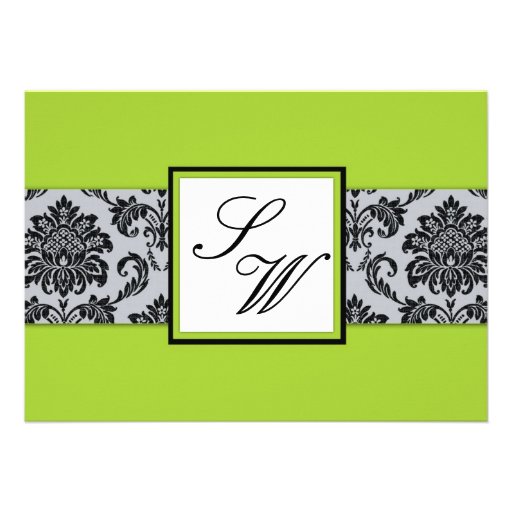Green Damask Monogram Invitation