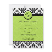 Green Damask Monogram Rehearsal Dinner Card Invitations