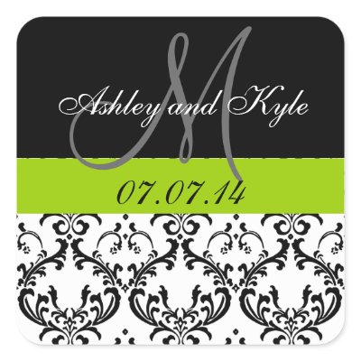 Green Damask Monogram Save the Date Stickers