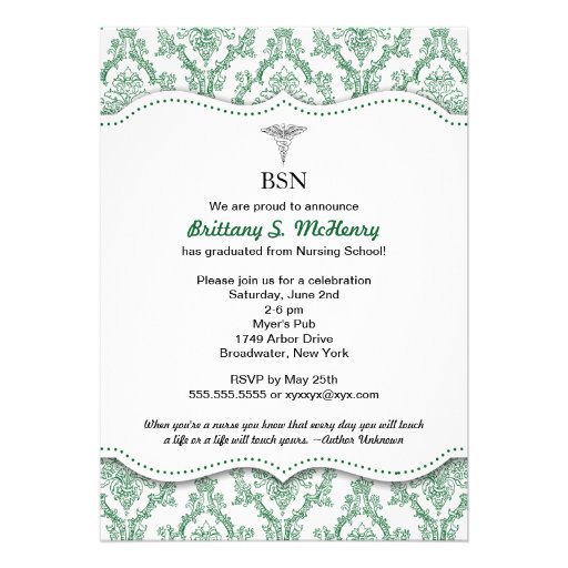 Green Damask Nurse graduation pinning invites