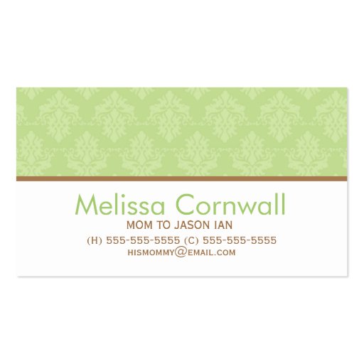 Green Damask Pattern Mom Calling Cards Business Card Template
