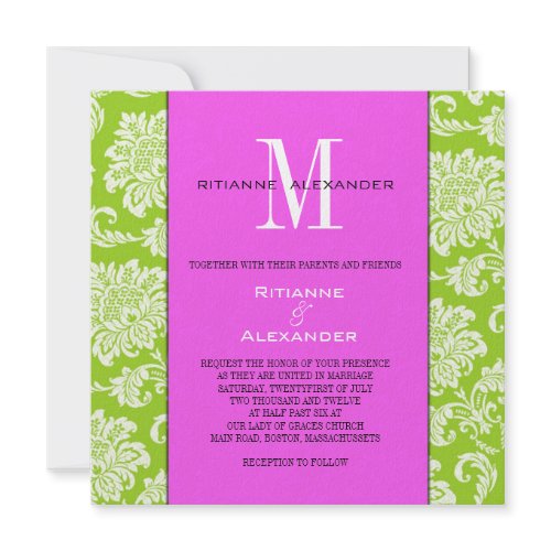 Green Damask Pink Monogram Wedding Invitation invitation