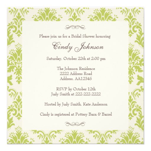 Green Damask & Stripe Bridal Shower Invitation