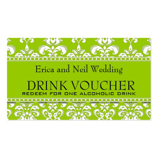 Green Damask Wedding Drink Voucher for Reception Business Card (front side)
