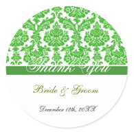 green damask wedding thank you stickers