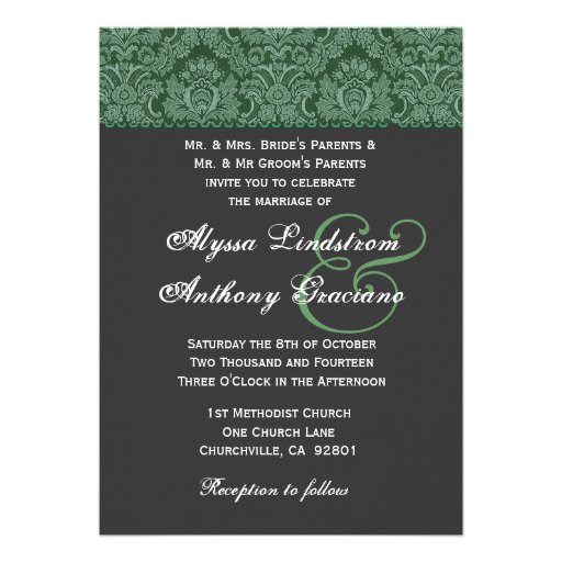 Green Dark Gray  Damask Wedding Invitation