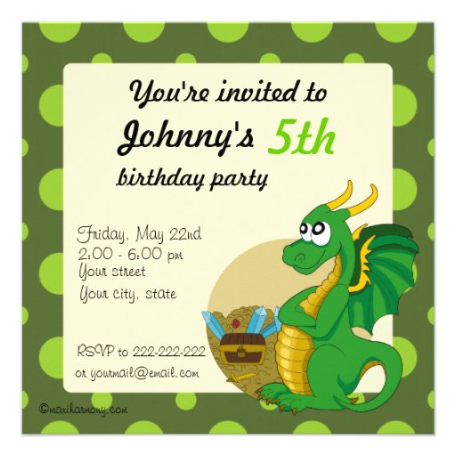 Green dragon cartoon birthday print invitations