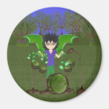 Green Dragon Winged Drummer Boy Faerie Refrigerator Magnets