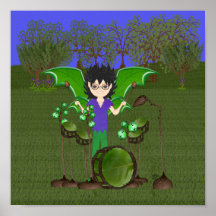 Green Dragon Winged Drummer Boy Faerie Posters
