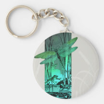 Green Dragonfly and Frog in the Pond Key Chains