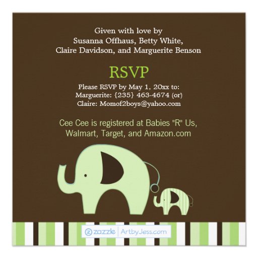Green Elephant (Boy or Girl Neutral) 5x5 Invite