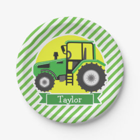 Green Farm Tractor with Yellow;  Green & White 7 Inch Paper Plate