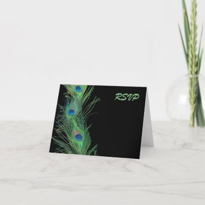 Green Feathers with Black Wedding RSVP Greeting Card by Peacocks