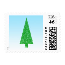 Green Fir Tree. On Blue - White. Christmas. Postage Stamps