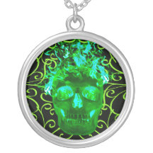 Green Flame Skull Necklace
