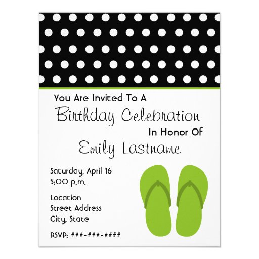 Green Flip Flops / Polka Dots Birthday Party Custom Announcements