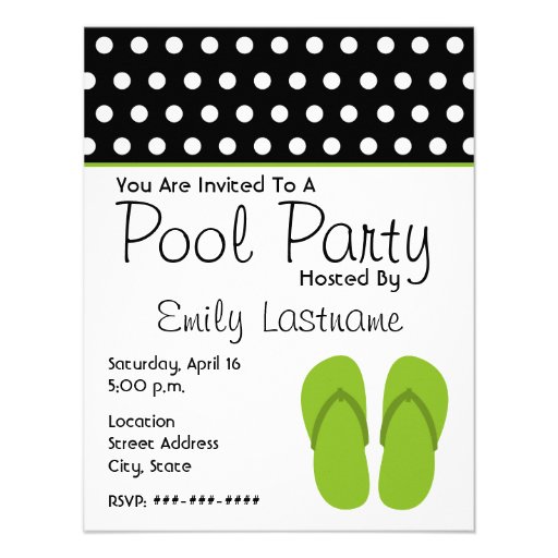 Green Flip Flops / Polka Dots Pool Party Personalized Invite (front side)