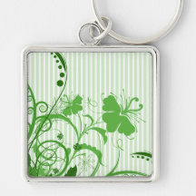 Green Flowers on Stripes Keychains