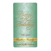 Green Foil Gold Scroll Happy Holidays Wine Label