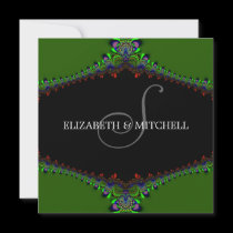 Green Fractal Lace Monogram Wedding Invitation invitations
