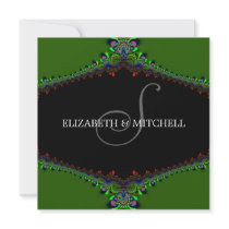 Green Fractal Lace Monogram Wedding Invitation