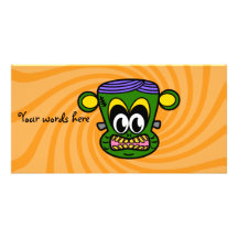 Green Frankenstein monkey on orange swirl Photo Card Template