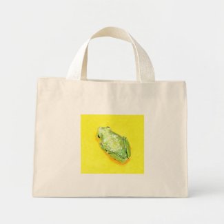 Green frog on yellow background watercolour bag