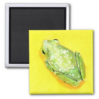 Green frog on yellow background watercolour magnet