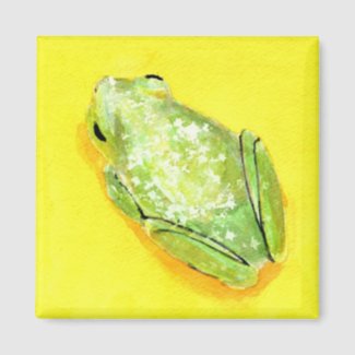 Green frog on yellow background watercolour magnet