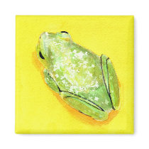 Green frog on yellow background watercolour refrigerator magnets