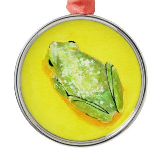 Green frog on yellow background watercolour ornament