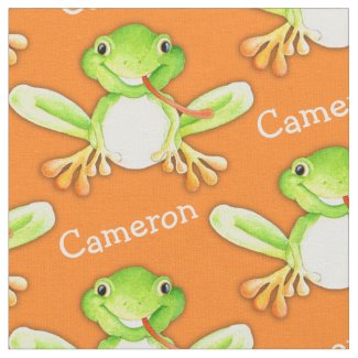 Green frog watercolor art name fabric