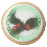 Green Frosty Holly Berries Round Premium Shortbread Cookie