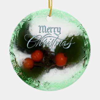 Green Frosty Holly Merry Christmas Ornament