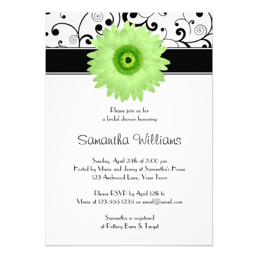 Green Gerbera Daisy Black Scroll Bridal Shower Personalized Invite