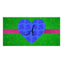 Green glitter monogram blue roses photo cards