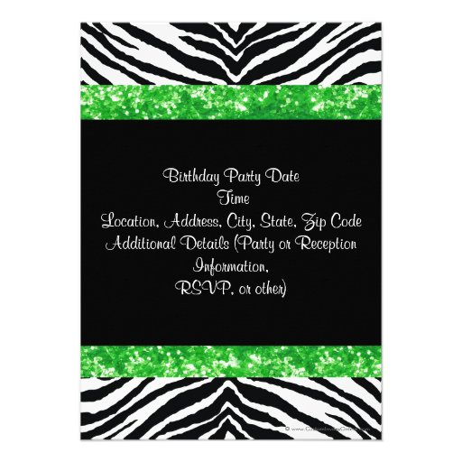 Green Glitter Zebra Bow Custom Girl Birthday Party Invitation
