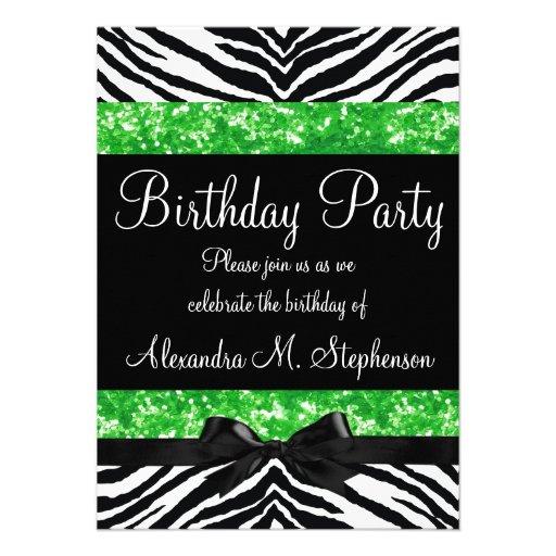 Green Glitter Zebra Bow Custom Girl Birthday Party Invitation