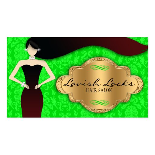 Green Gold Damask Hair Stylist Salon Business Card Template (front side)